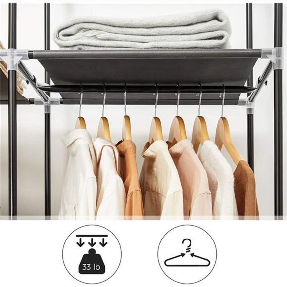 Portable Clothes Closet, Non-Woven Fabric Wardrobe with 2 Hanging Rods, Black - Picture 3 of 6